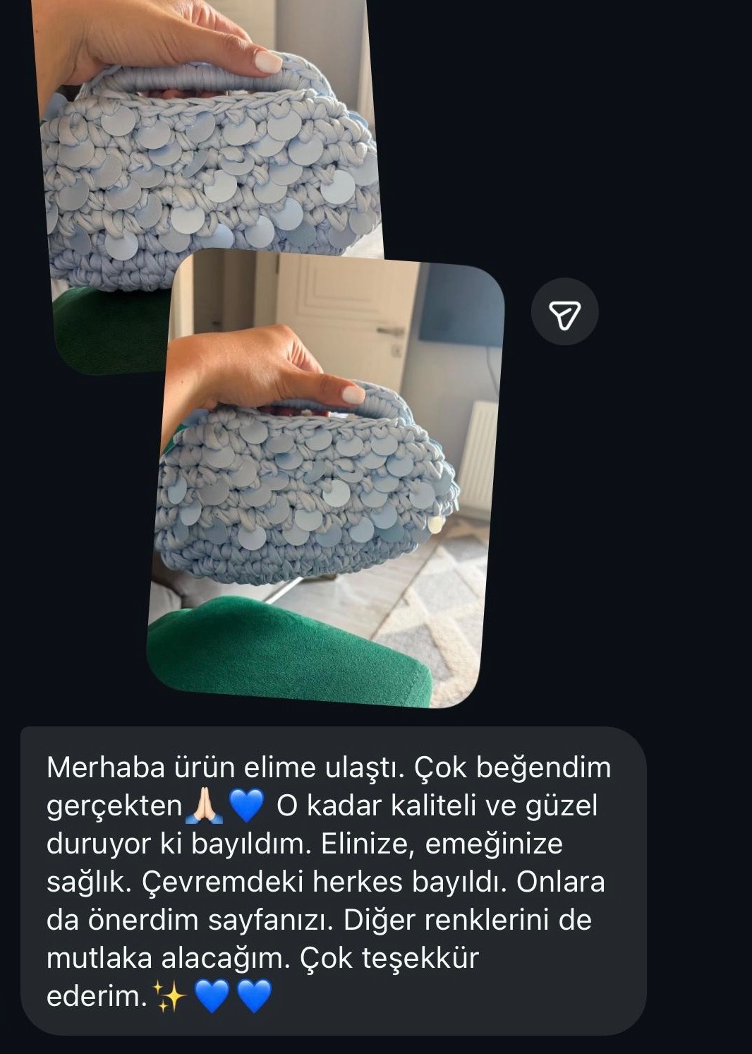 Mavi Zeyla çantasını çok beğendiğini anlatan müşteri mesajı