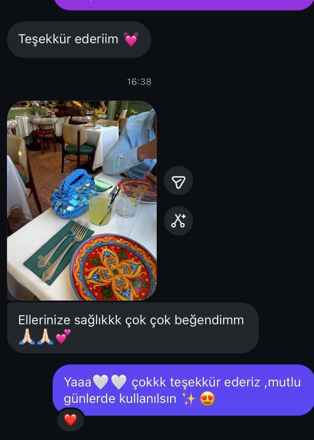 Zeyla çantasını restoranda kullanan müşterimizin teşekkür mesajı